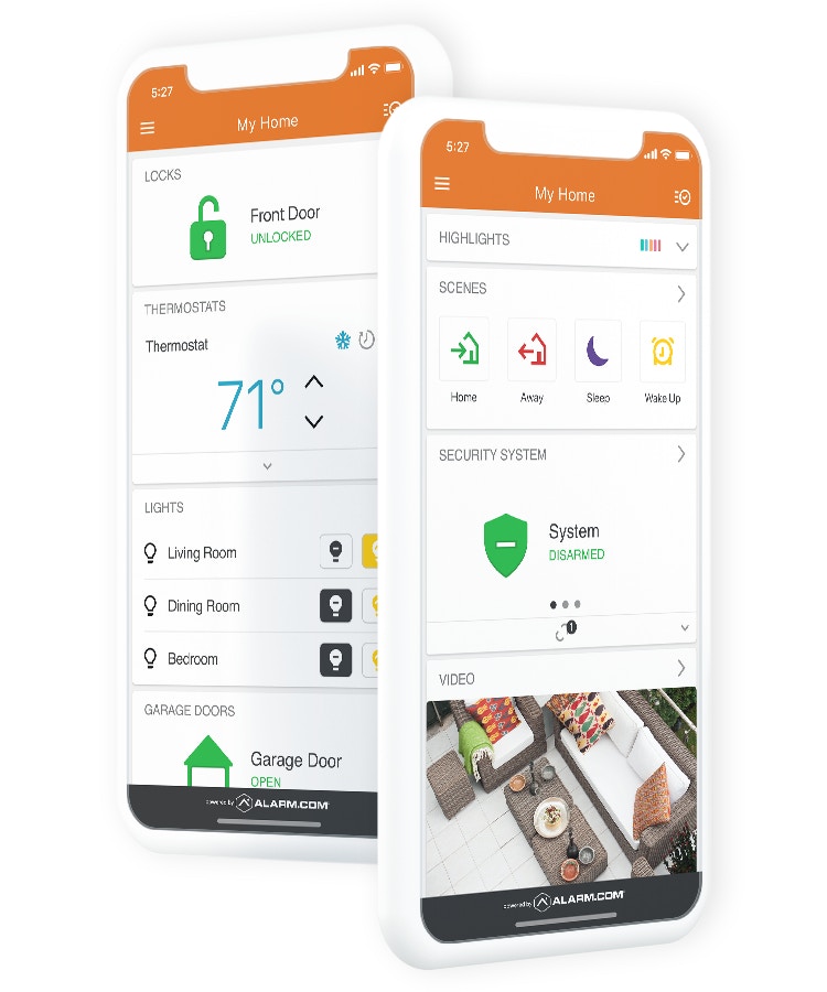 True Shield smart security app dashboard showing locks, thermostat, security status, scenes, and live video