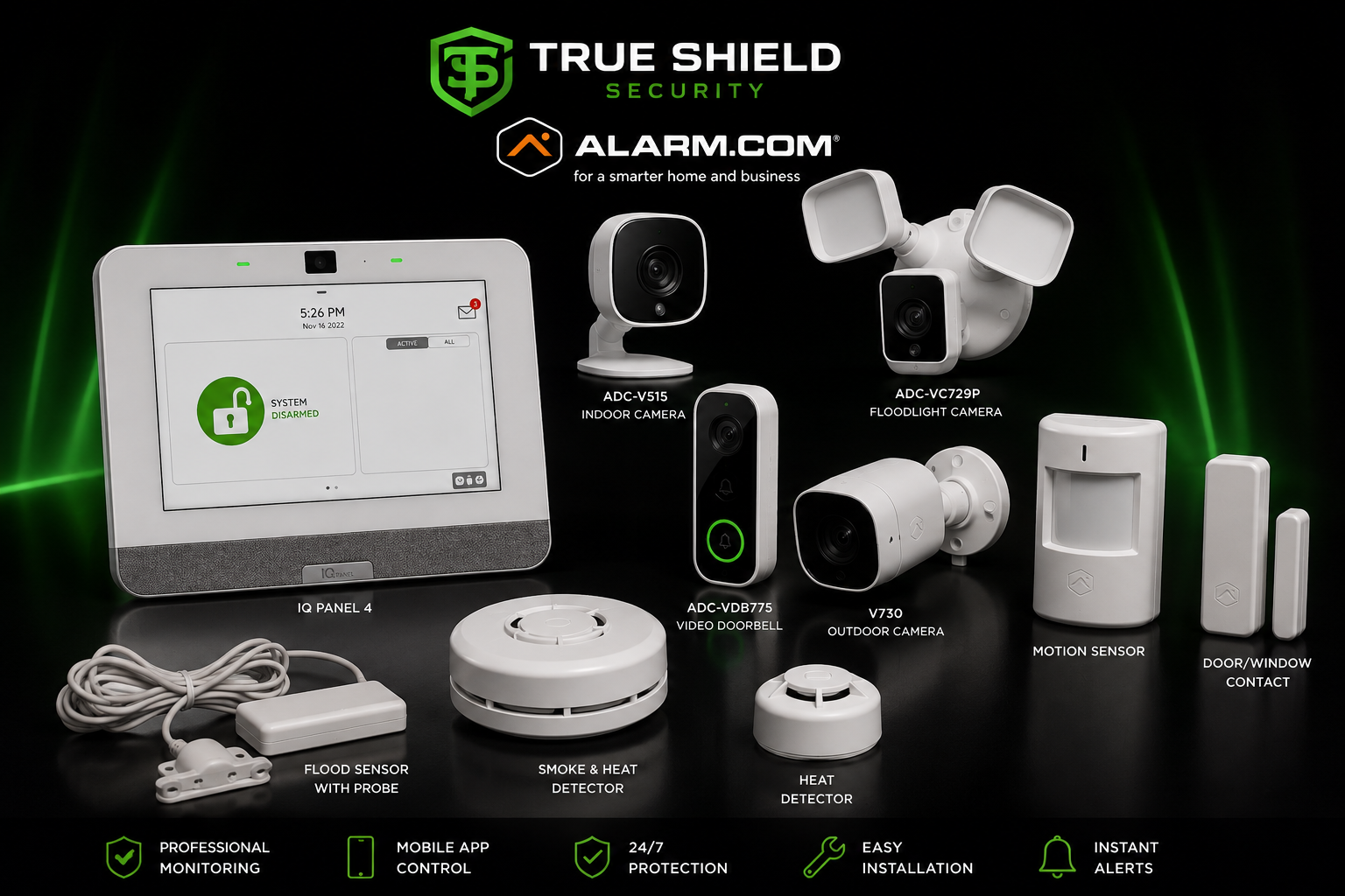 True Shield Security equipment powered by Alarm.com: IQ Panel 4, indoor and outdoor cameras, floodlight camera, video doorbell, motion sensor, door/window contact, flood sensor, and smoke and heat detectors