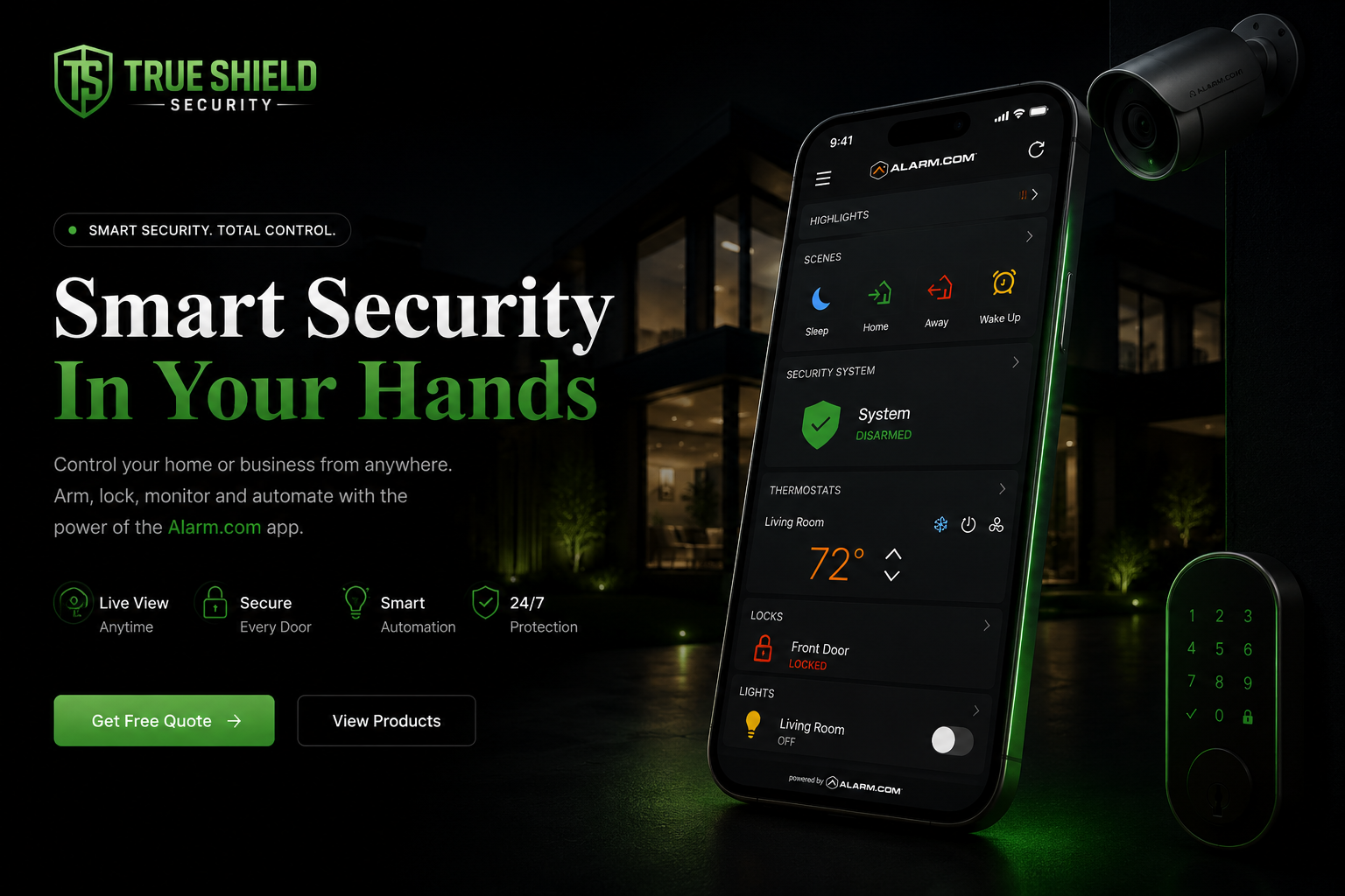True Shield Security products: the Alarm.com app on a smartphone, a security camera, and a smart lock in a modern home at night.